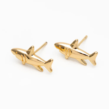 10pcs Gold Shark Earrings 8x16mm, Gold Plated Brass Ocean Stud Earrings (GB-4460-F)
