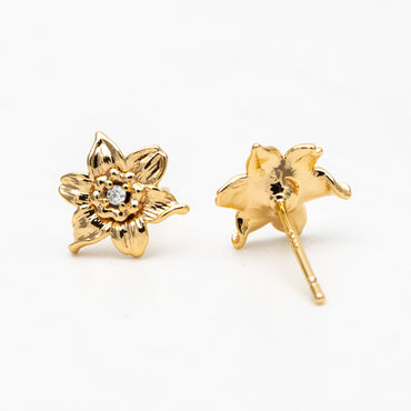 10pcs CZ Pave Gold Flower Earrings: 18K Real Gold Plated Brass Studs (GB-4036)