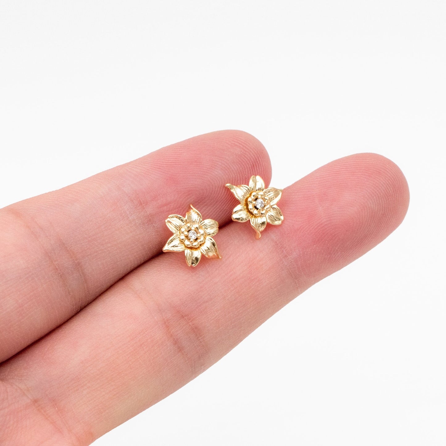 10pcs CZ Pave Gold Flower Earrings: 18K Real Gold Plated Brass Studs (GB-4036)
