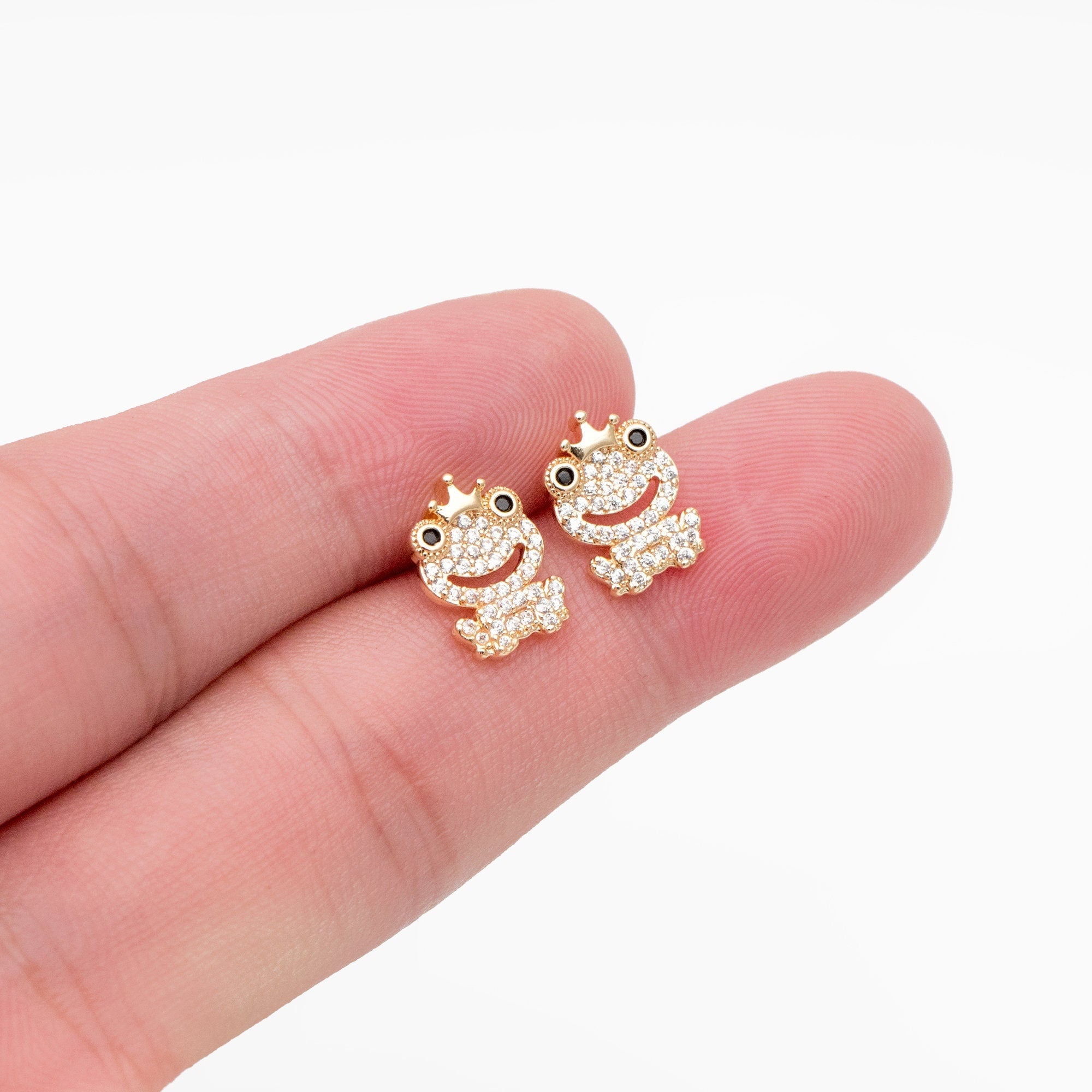 4pcs CZ Pave Gold Frog Prince Earrings 11x8mm, Gold Plated Brass, Cute Stud Earrings (GB-3968)