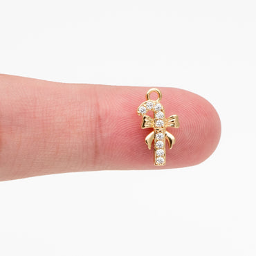 4pcs CZ Pave Christmas Candy Cane Charms: 18K Gold Plated Brass, 14x7mm (GB-713-E)