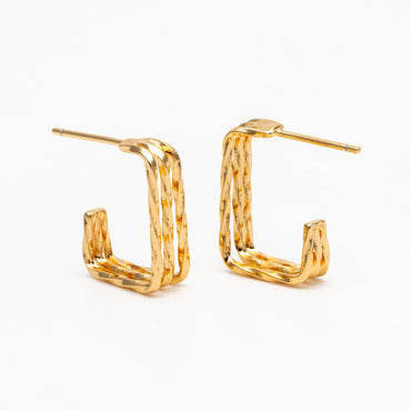 4pcs Gold Triple Band Square Earrings, 18K Real Gold Plated Brass, Geometric Earring Studs (GB-4057)