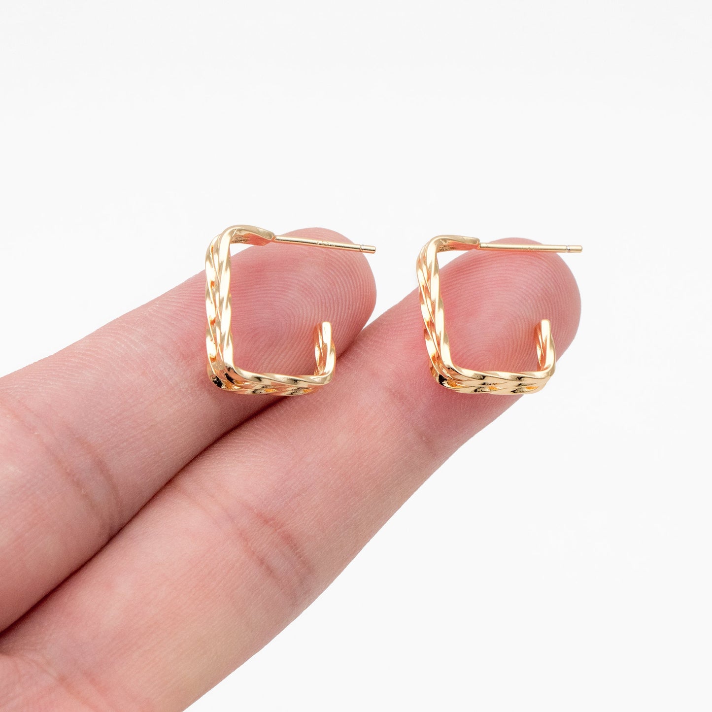 4pcs Gold Triple Band Square Earrings, 18K Real Gold Plated Brass, Geometric Earring Studs (GB-4057)