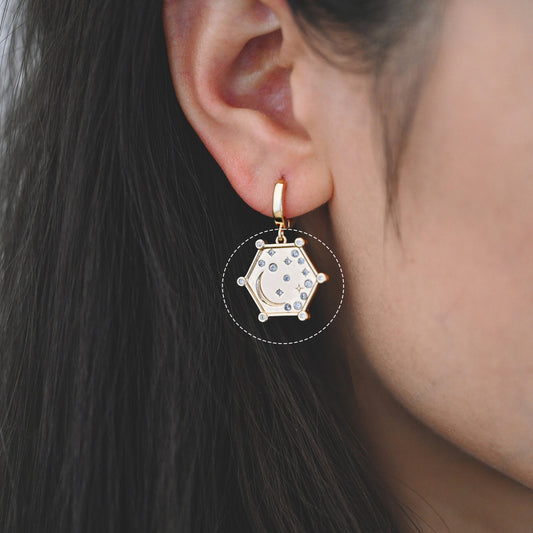 4pcs CZ pave Gold Hexagon Charm, Real Gold plated Brass, Moon And Star Pendant (GB-2394-J)