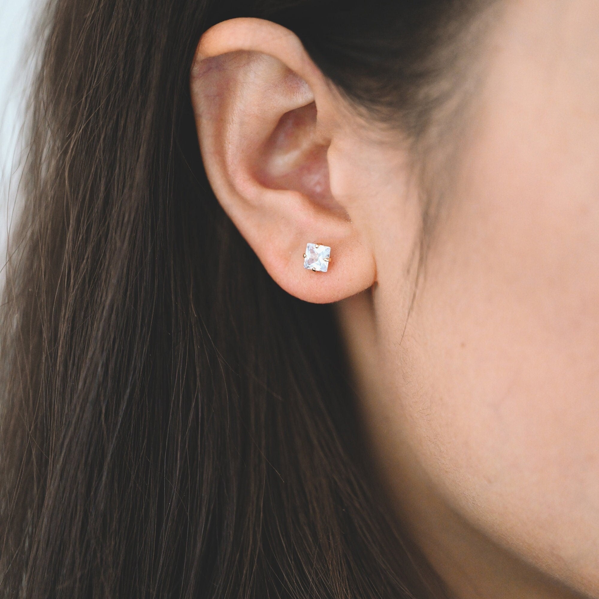 10pcs Micro Pave CZ Square Ear Posts, Real Gold Plated Brass Geometric Earring Studs (GB-3014)