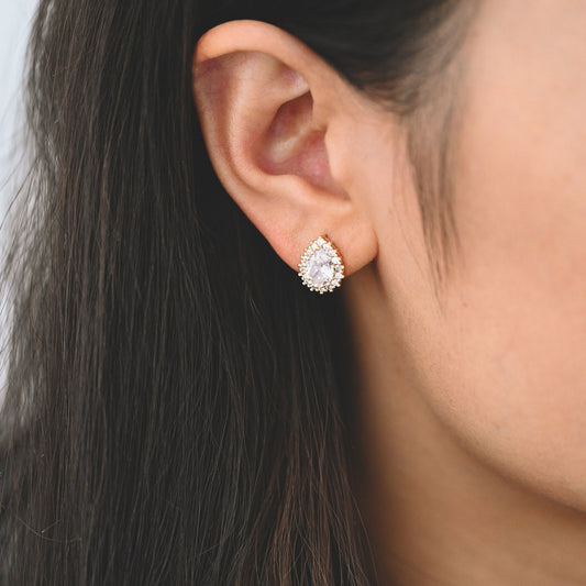 4pcs CZ Pave Teardrop Ear Posts, 18K Gold Plated Brass, Water Drop Stud Earrings, Jewelry Supplies Findings Wholesale (GB-3122)