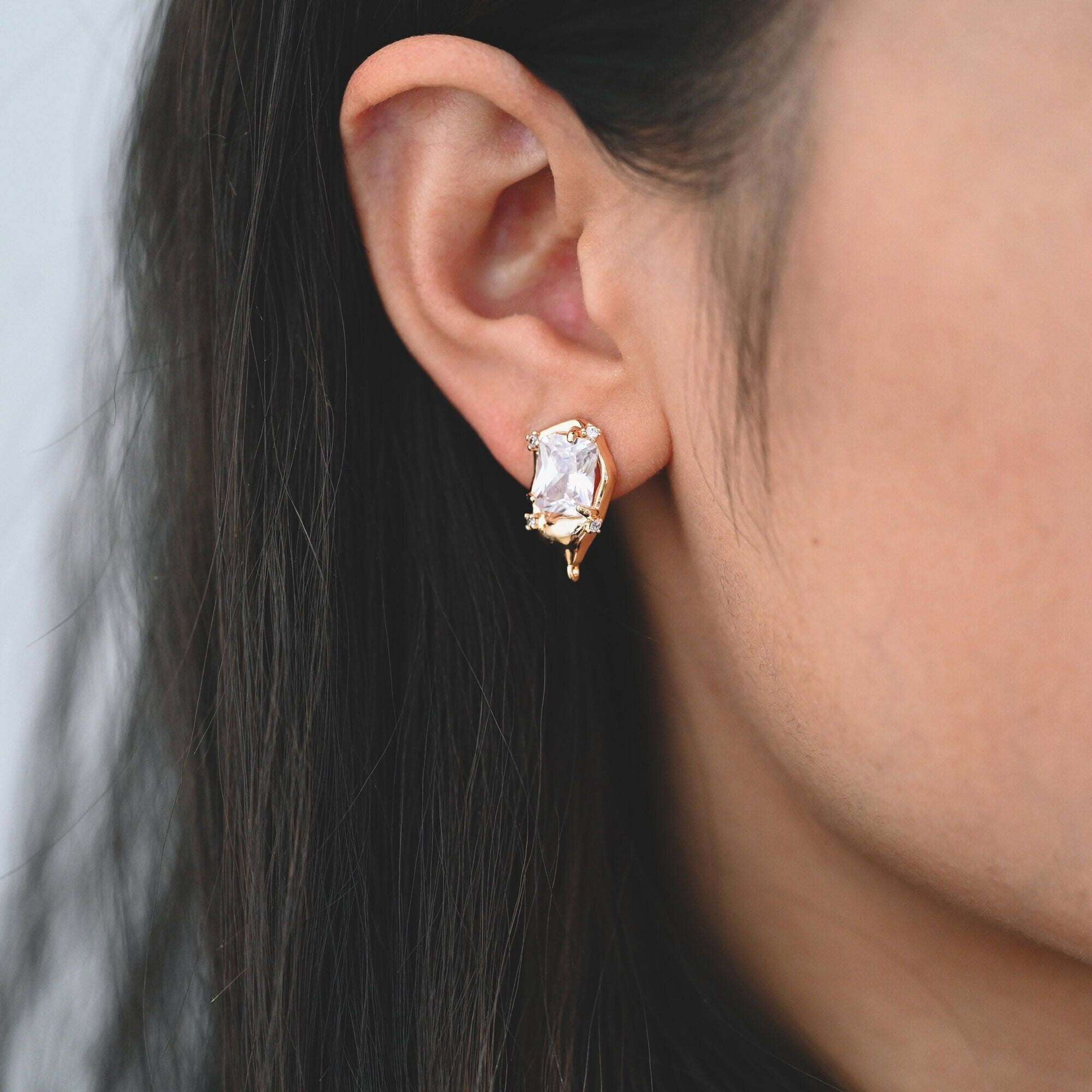 4pcs Gold Irregularity Stud Earrings, CZ Pave Ear Posts 19x11mm, Gold plated Brass Earring Findings (GB-3152)