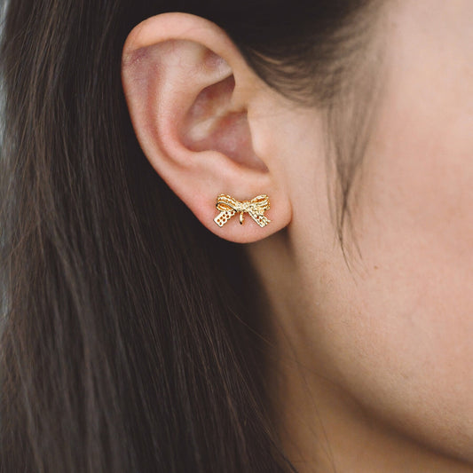 4pcs Gold plated Brass Bow Knot Earring with Loop 13x8mm, Bowknot Stud Earrings (GB-747-A)