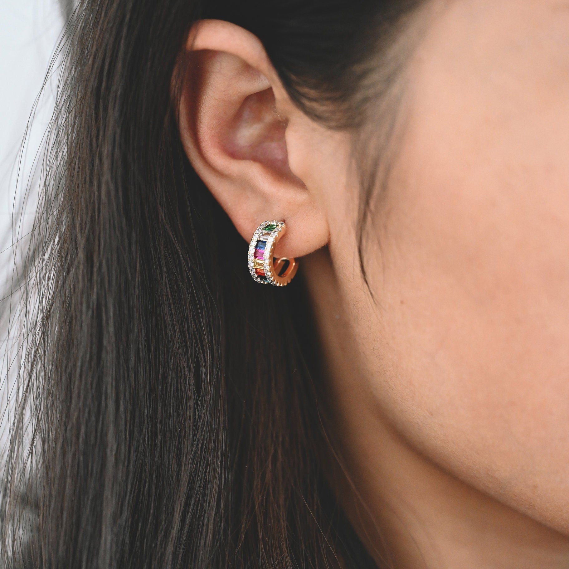 4pcs CZ Pave Earring Studs, 15mm, 18K Gold Plated Brass, Colorful Rainbow Ear Posts (GB-3238)