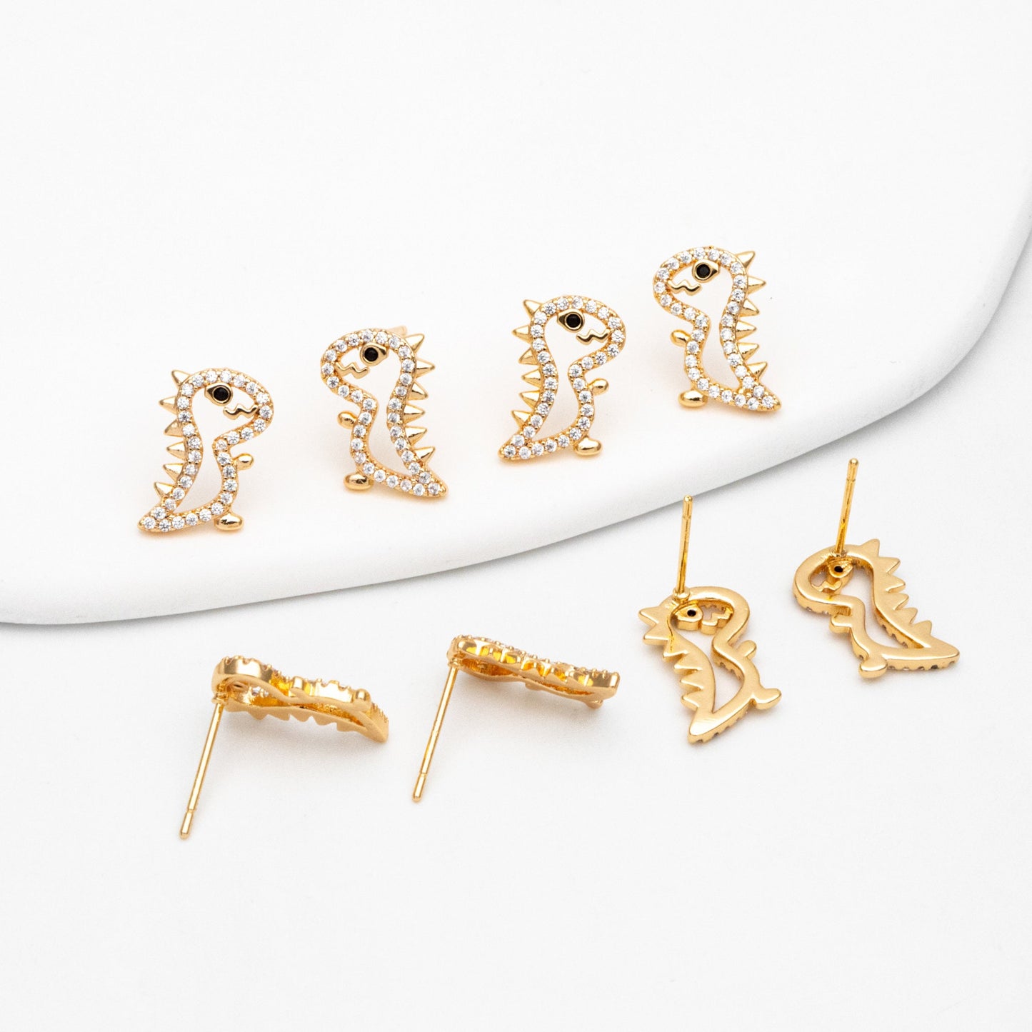 4pcs CZ Pave Gold Hollow Dinosaur Earrings 13x10mm, Gold Plated Brass, Dainty Dinosaur Stud Earrings (GB-3974)