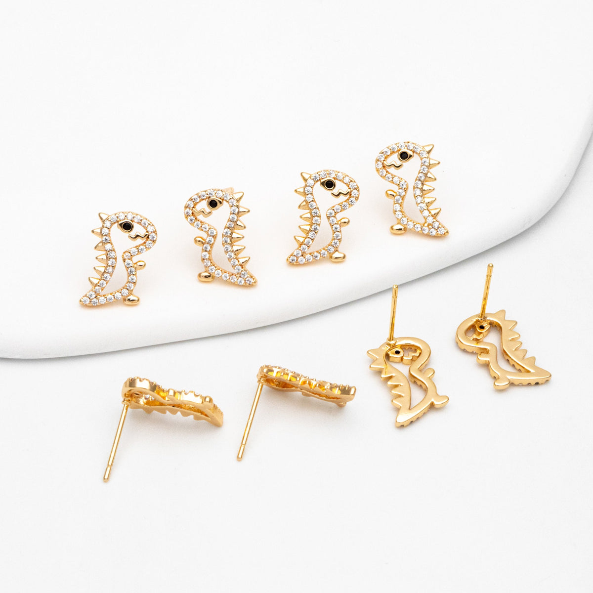 4pcs CZ Pave Gold Hollow Dinosaur Earrings 13x10mm, Gold Plated Brass, Dainty Dinosaur Stud Earrings (GB-3974)