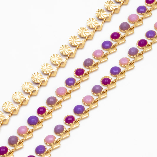 Purple Enamel Beaded Chain 6mm, 18K Gold plated Brass, Quality Bead Chain Wholesale (#LK-595-2)/ 1 Meter=3.3ft