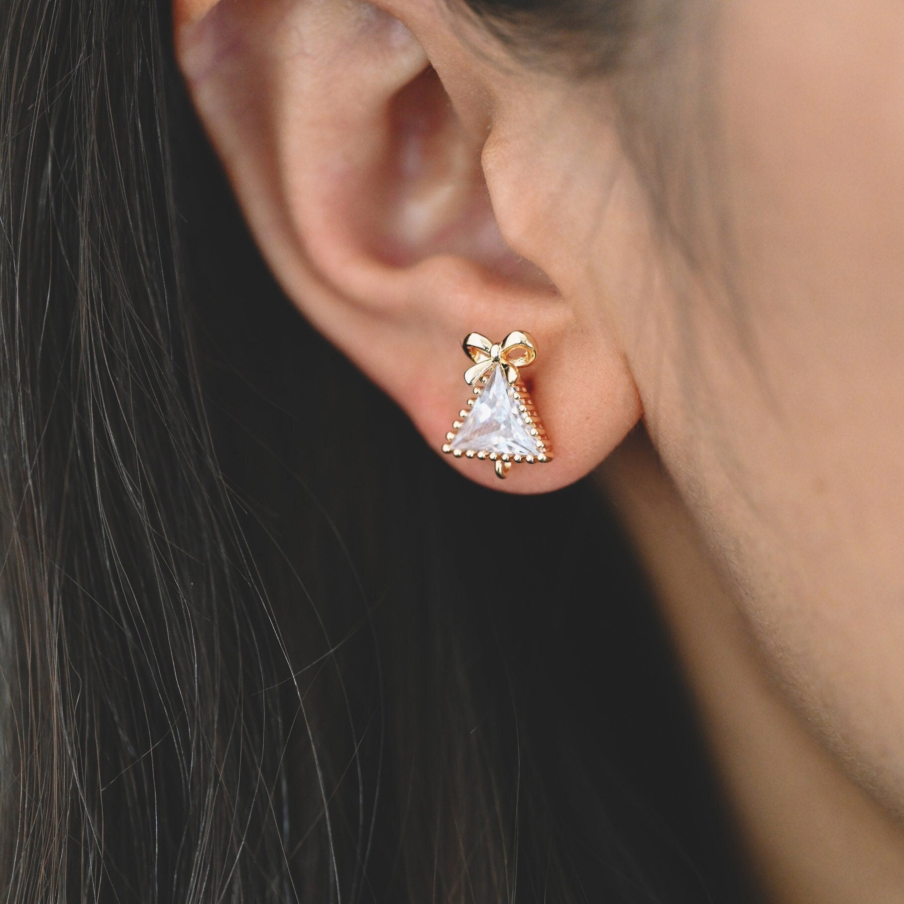 4pcs CZ Pave Bowknot Triangle Earring with Loop, 18K Gold Plated Brass, Christmas Bowknot Triangle Stud Earrings (#GB-2771)