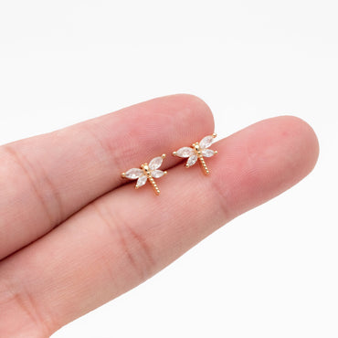4pcs CZ Pave Gold Dragonfly Earring, Dianty Dragonfly Ear Studs, Jewelry Supplies (GB-4125)
