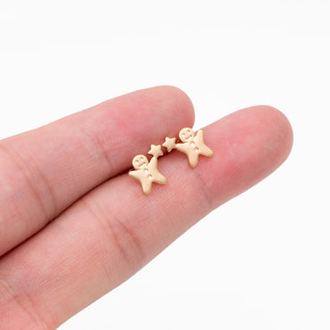 10pcs Gold Gingerbread Man Earrings 8x9mm, Gold plated Brass Christmas Stud Earrings (GB-4100)