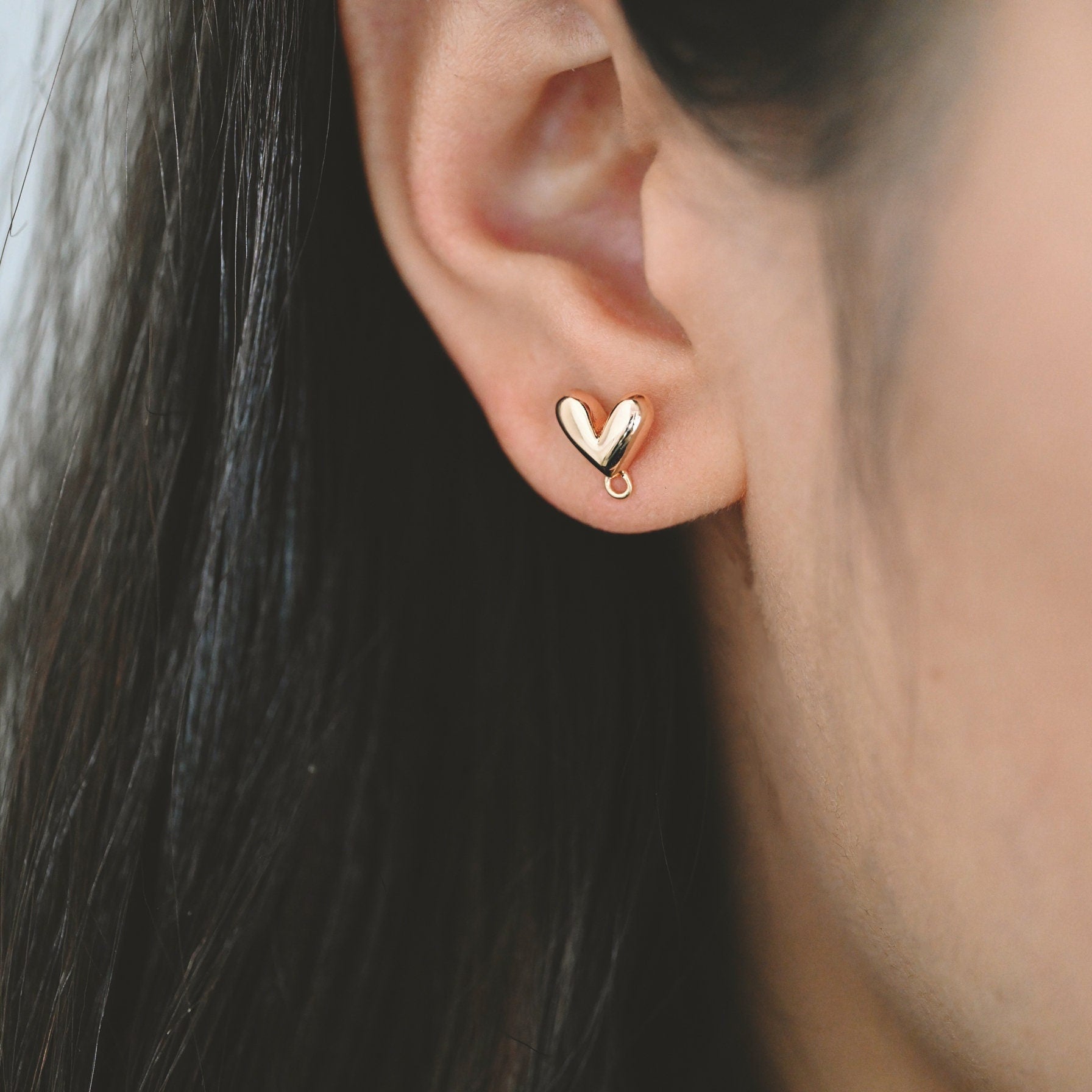 10pcs Gold Heart Ear Post with Loop, Real Gold plated Brass, Geometric Earring Studs (GB-2971)