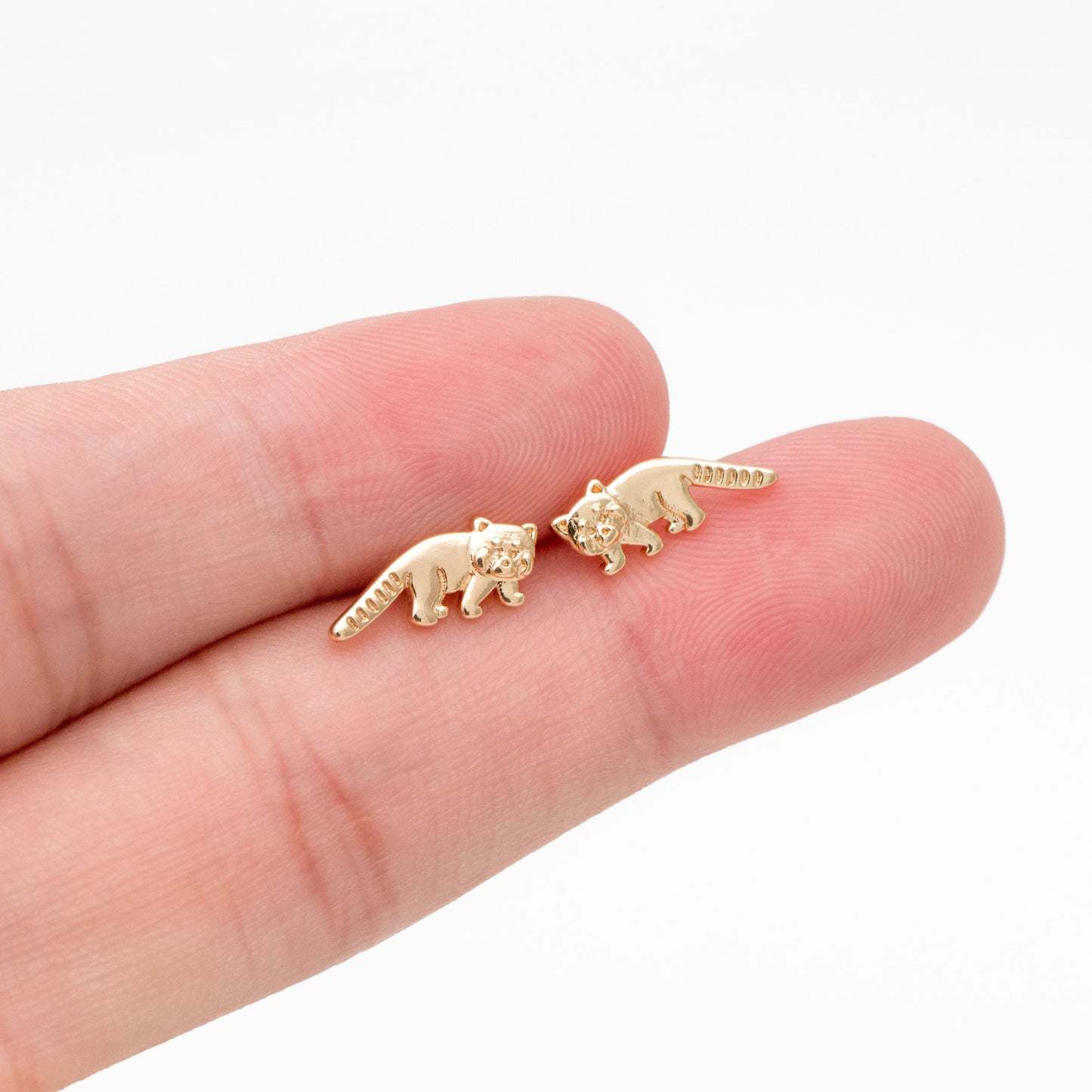 10pcs Gold Raccoon Earrings, Gold Plated Brass, Cute Animal Stud Earrings (GB-4111)