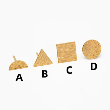 10pcs Gold Brushed Geometric Earrings, Real Gold Plated Brass, Semi Circle/ Triangle/ Square/ Round Earring Studs (GB-4060)