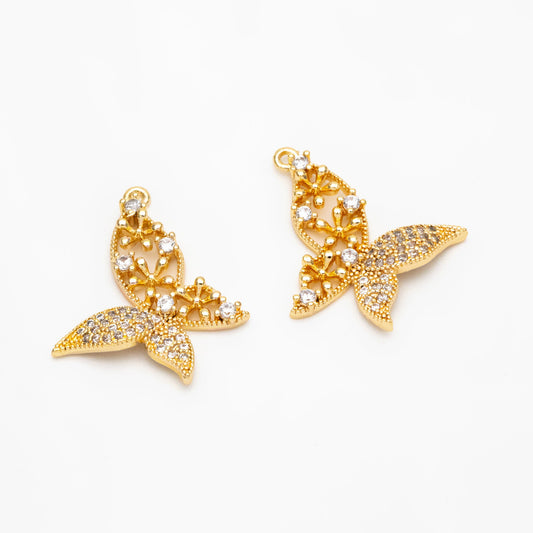4pcs Gold plated Brass Hollow Butterfly Charms, CZ pave Butterfly Filigree Pendants (GB-3561-K)