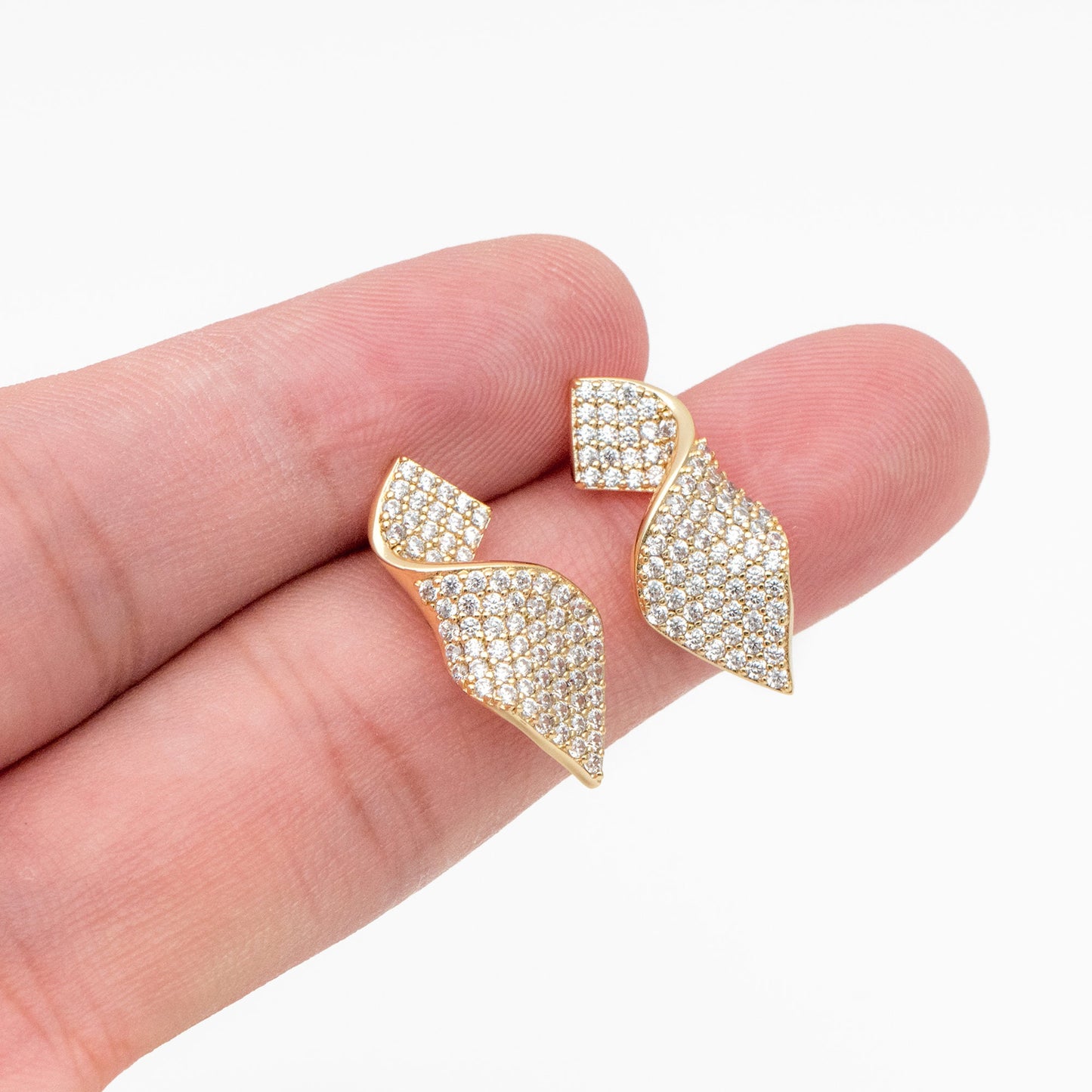 4pcs CZ Pave Gold Ribbon Earrings, 18K Gold plated Brass , Dainty Stud Earrings (#GB-3973)