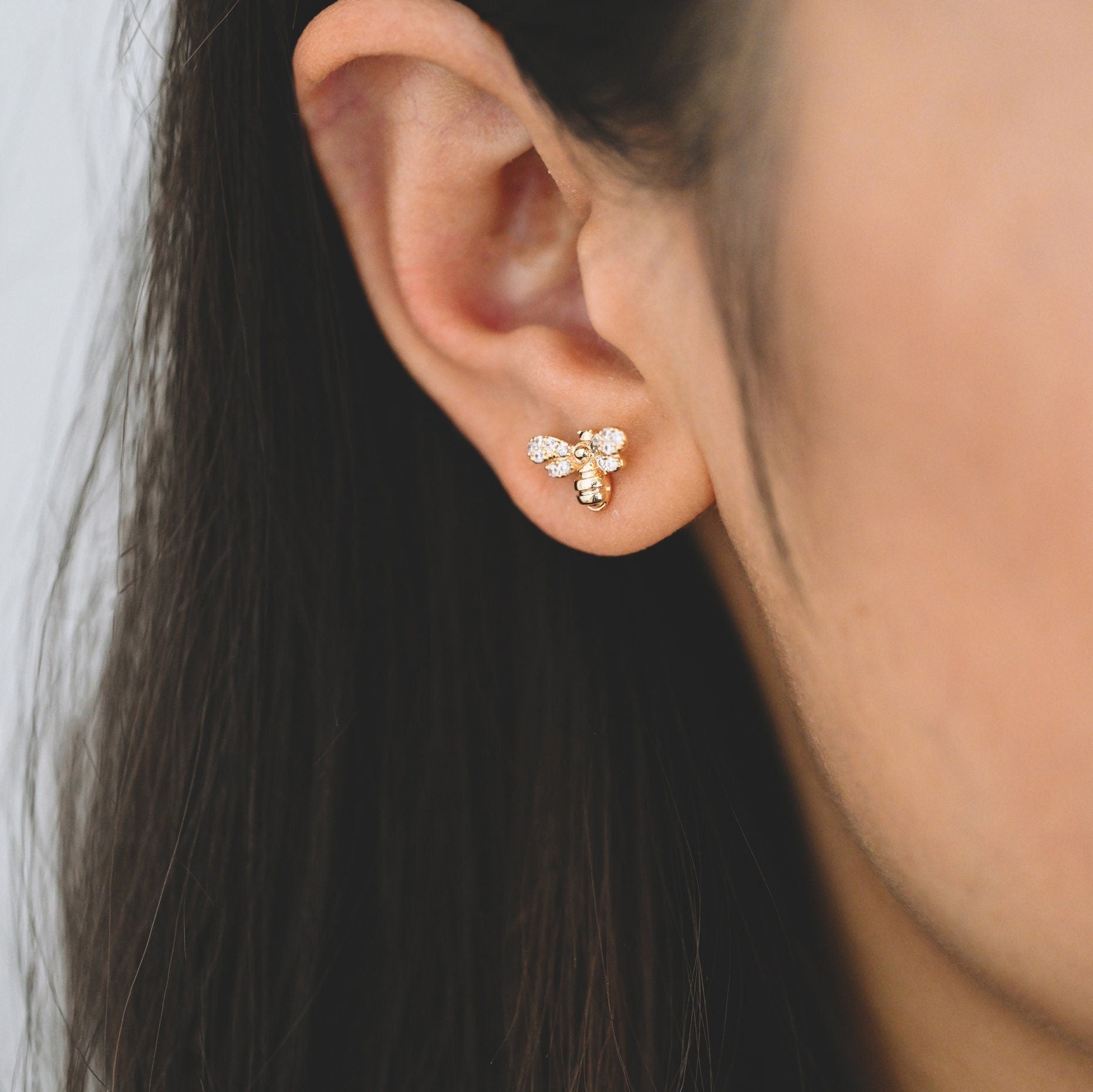 4pcs CZ pave Gold Bee Ear posts 8x12mm, Real Gold Plated Brass Stud Earrings (GB-3278)