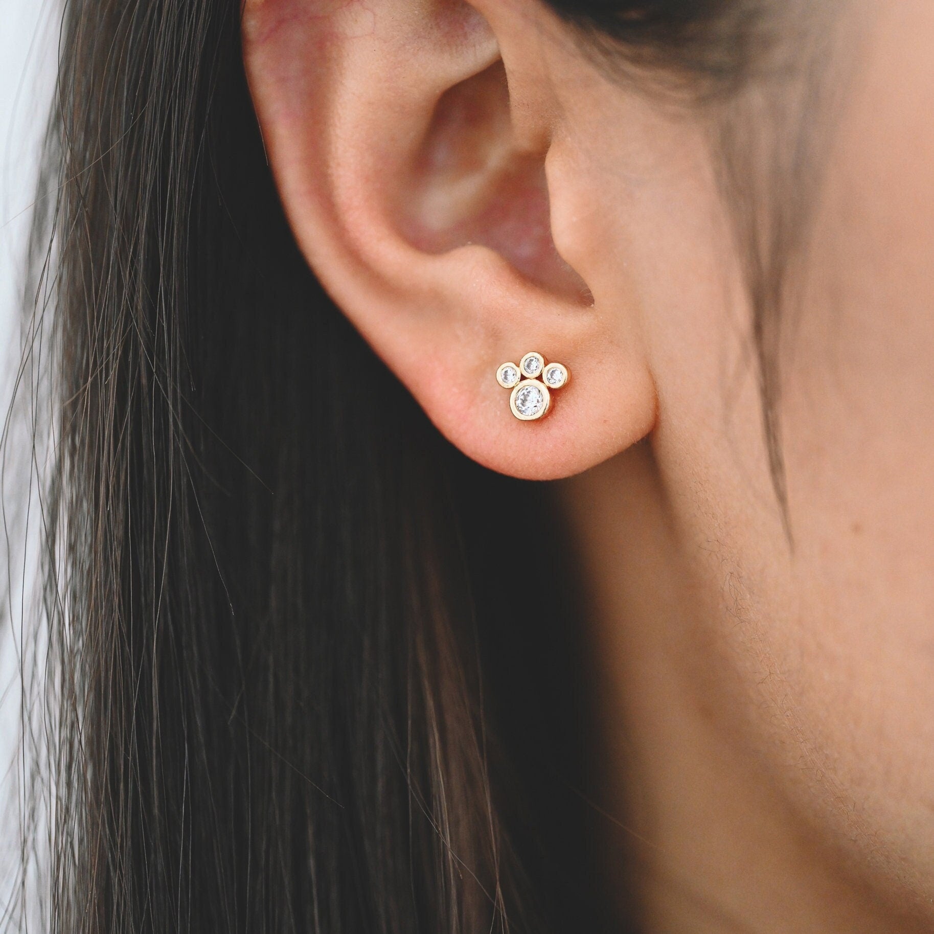 4pcs CZ Pave Pet Paw Print Ear Posts 6x7mm, Gold Plated Brass Stud Earring (GB-3671-B)