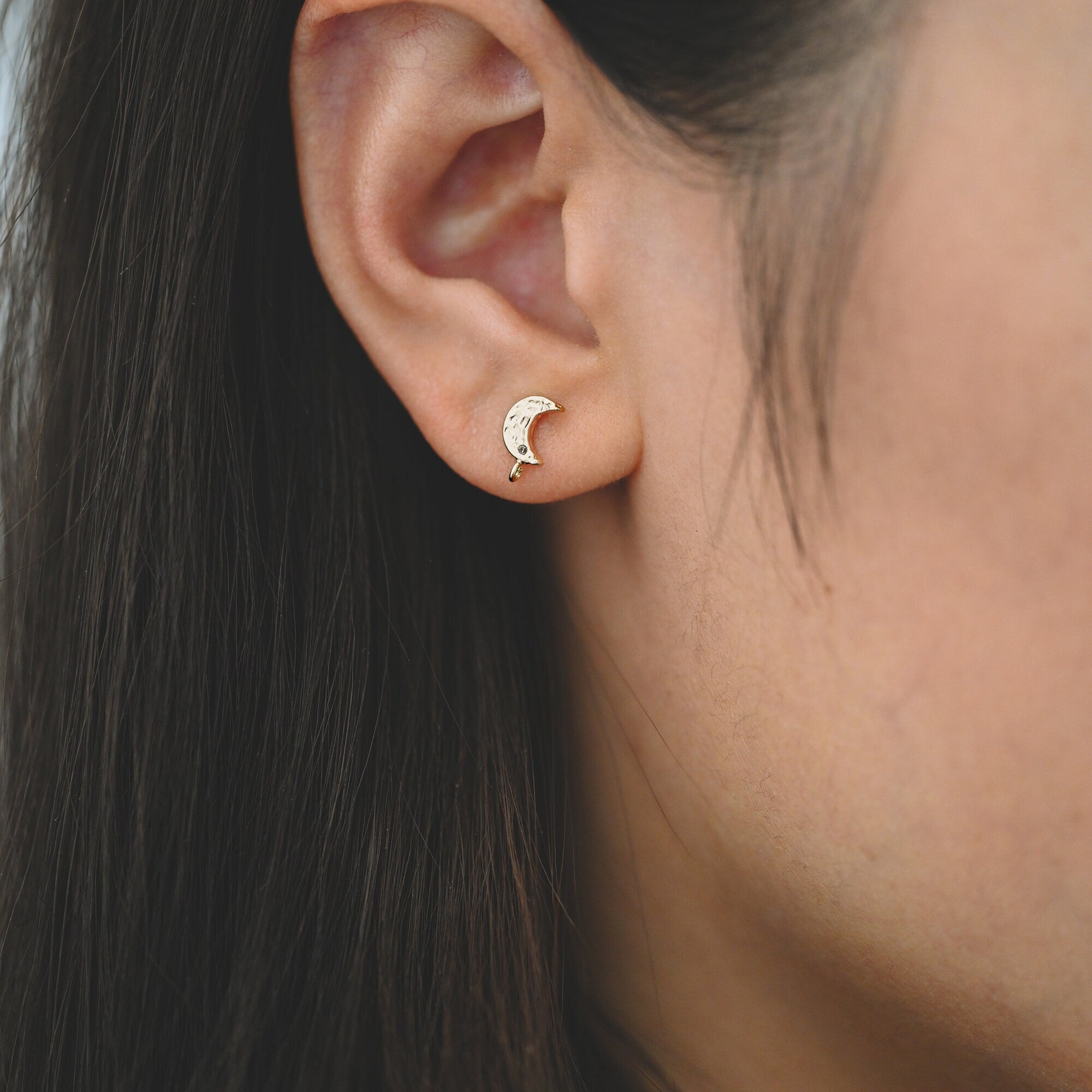 4pcs CZ Paved Moon Earring Post with Loop, 9mm, Real Gold/ Rhodium Plated Brass Stud Earrings (#GB-311-E)