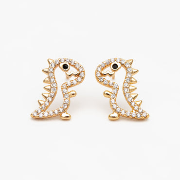 4pcs CZ Pave Gold Hollow Dinosaur Earrings 13x10mm, Gold Plated Brass, Dainty Dinosaur Stud Earrings (GB-3974)