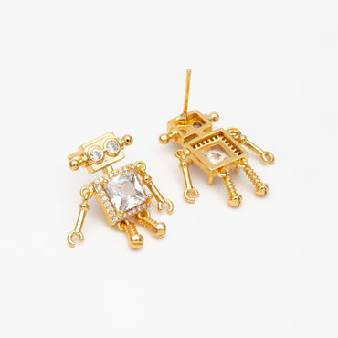 4pcs CZ Pave Gold Robot Earrings 22x14mm, Gold Plated Brass, Dainty Robot Stud Earrings (GB-4078)