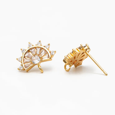 4pcs CZ Pave Gold Fan Shape Earring with Loop, Gold Plated Brass Fan Stud Earrings (#GB-1205-B)