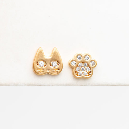 4pcs CZ Pave Gold Cat and Paw Asymmetry Earrings, Gold Plated Brass, Dainty Stud Earrings (GB-4096)