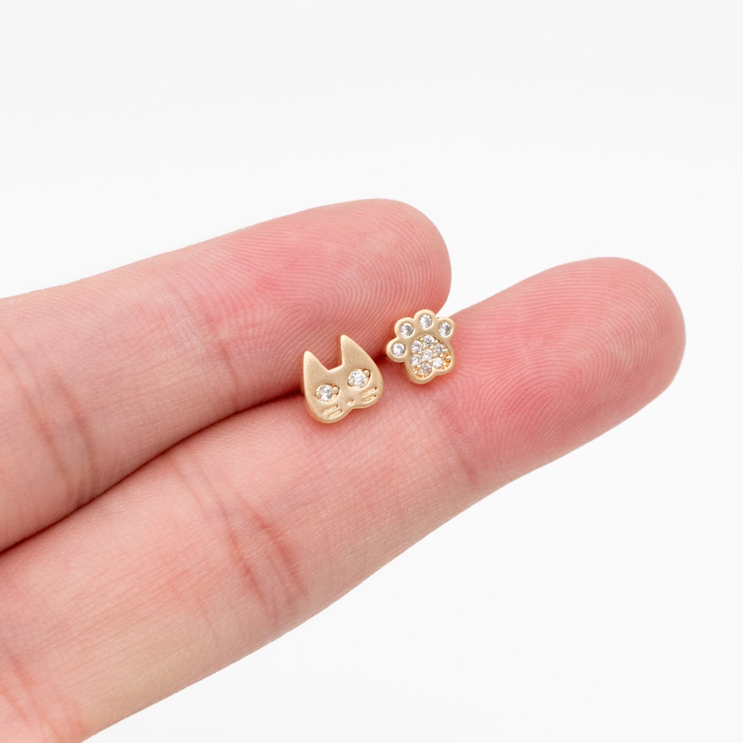 4pcs CZ Pave Gold Cat and Paw Asymmetry Earrings, Gold Plated Brass, Dainty Stud Earrings (GB-4096)