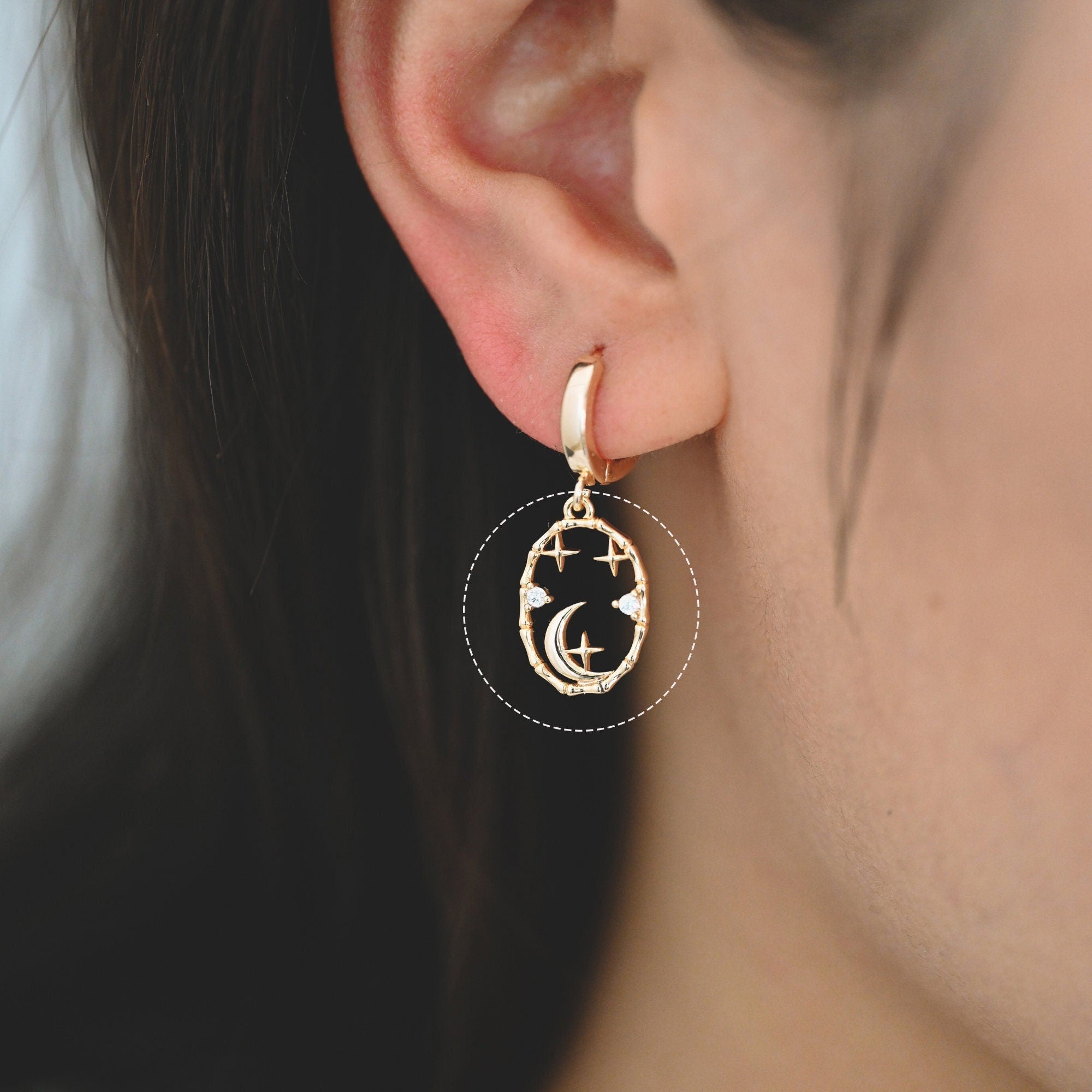 4pcs CZ Pave Gold Oval Moon Star Charms 16.5x11mm, Jewelry Making, Diy Material, Jewelry Supplies (GB-2433-J)