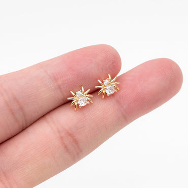 10pcs CZ Pave Gold Spider Earrings 7x8mm, Gold Plated Brass Araneid Stud Earrings (GB-4110-B)