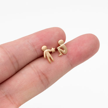 10pcs Gold Stand and Sit Boy Asymmetry Earrings, Gold plated Brass Minimalist Stud Earrings (GB-4099)