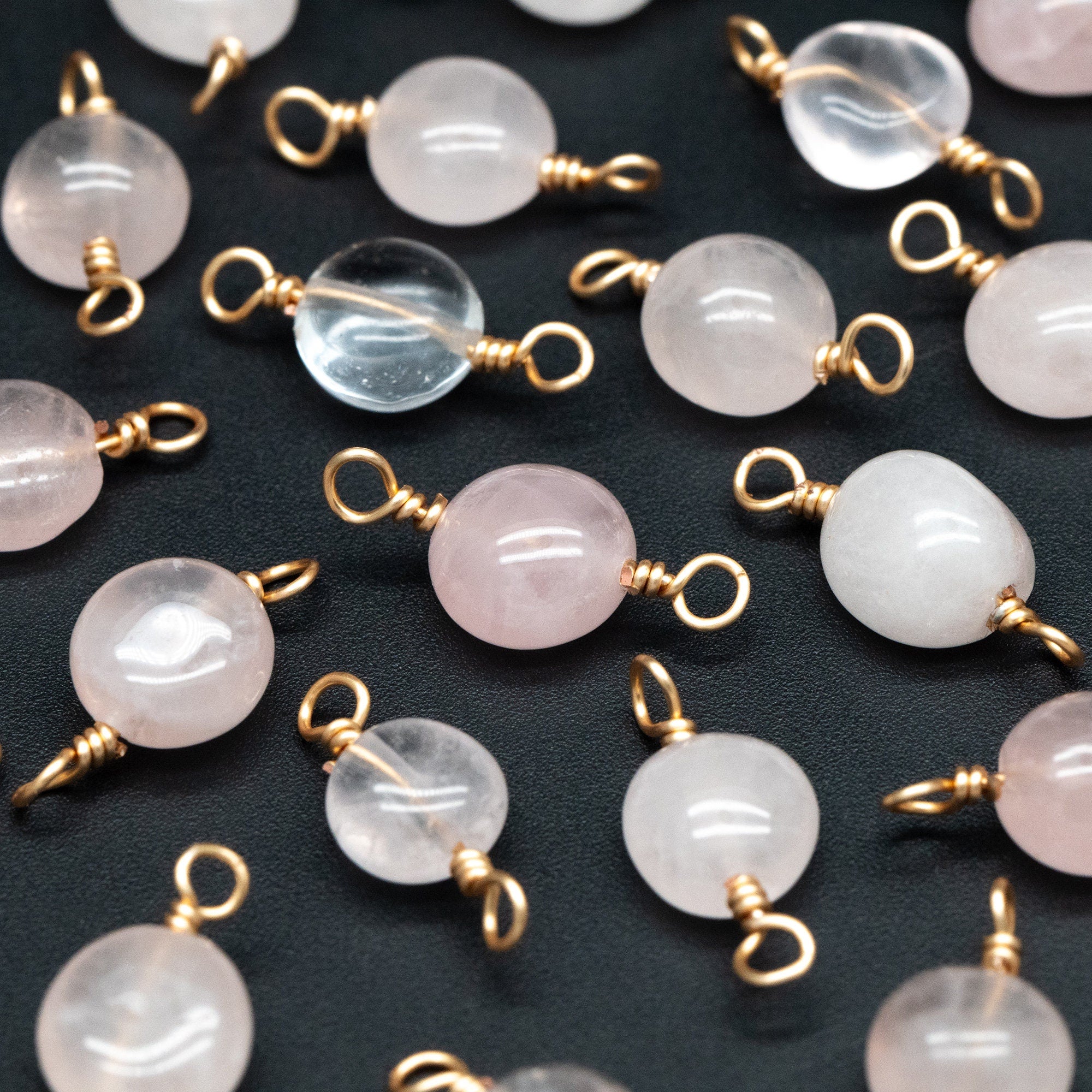 10pcs Gold Pink Quartz Gemstone Connector, 18K Gold Wire Beaded Charms, Diy Material Findings (GB-4134)