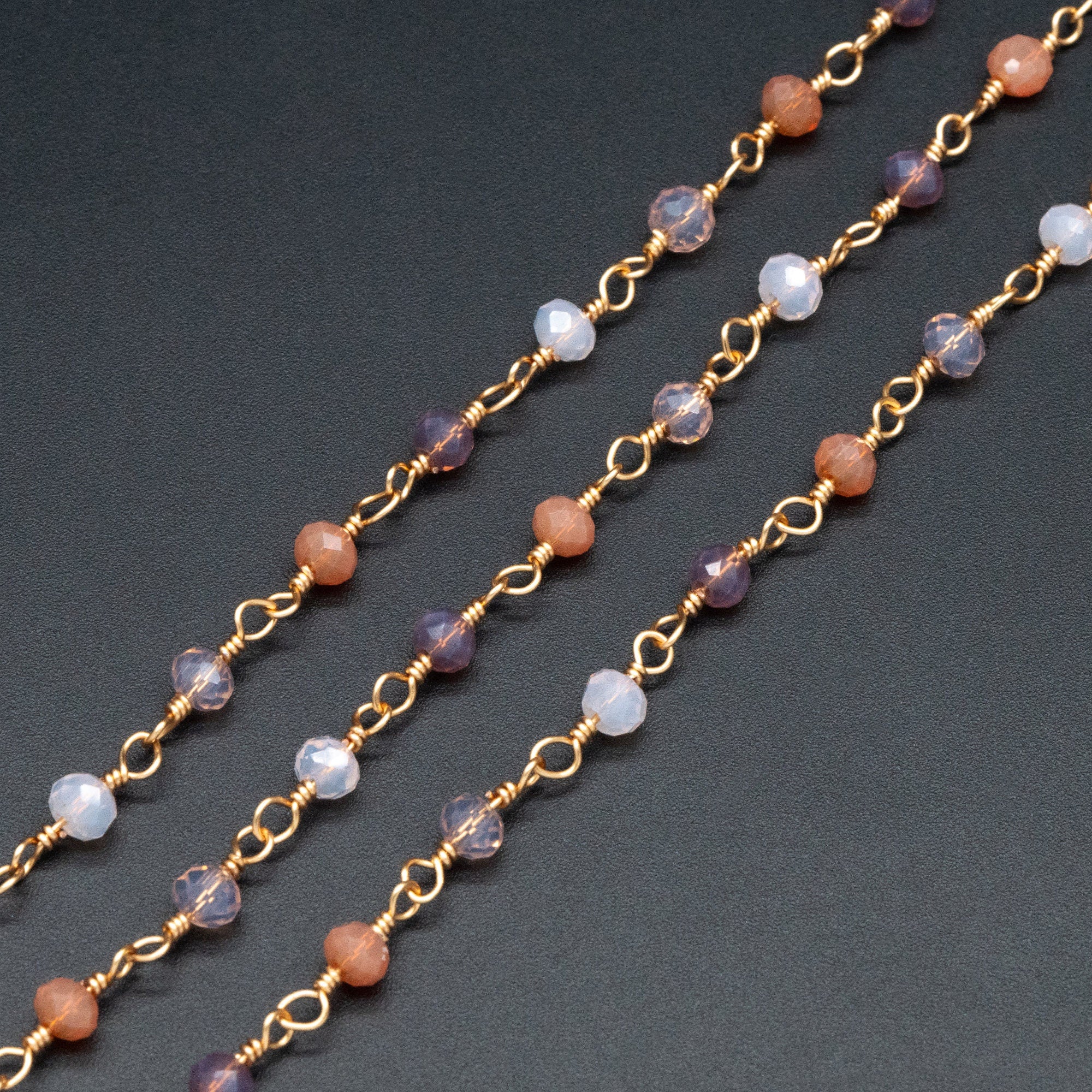 Glass Rondelle Bead Chain 3.5mm, 18K Gold plated on Brass Beaded Chains, Multi Colors Crystal (#LK-599)/ 1 Meter=3.3ft