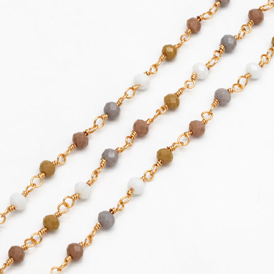 Glass Rondelle Bead Chain 3.5mm, 18K Gold plated on Brass Beaded Chains, Multi Colors Crystal (#LK-601)/ 1 Meter=3.3ft
