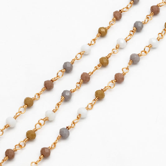 Glass Rondelle Bead Chain 3.5mm, 18K Gold plated on Brass Beaded Chains, Multi Colors Crystal (#LK-601)/ 1 Meter=3.3ft