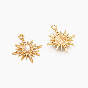 10pcs Shell Pave Gold/ Silver Sun Charms 17x15mm, 18K Gold/ Rhodium plated Brass Dainty North Star Pendants (GB-924-K)
