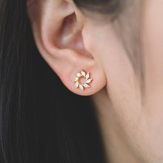 4pcs CZ Pave Gold Flower Ear Posts 10mm, Gold Plated Brass Hoop Earrings (GB-3377)