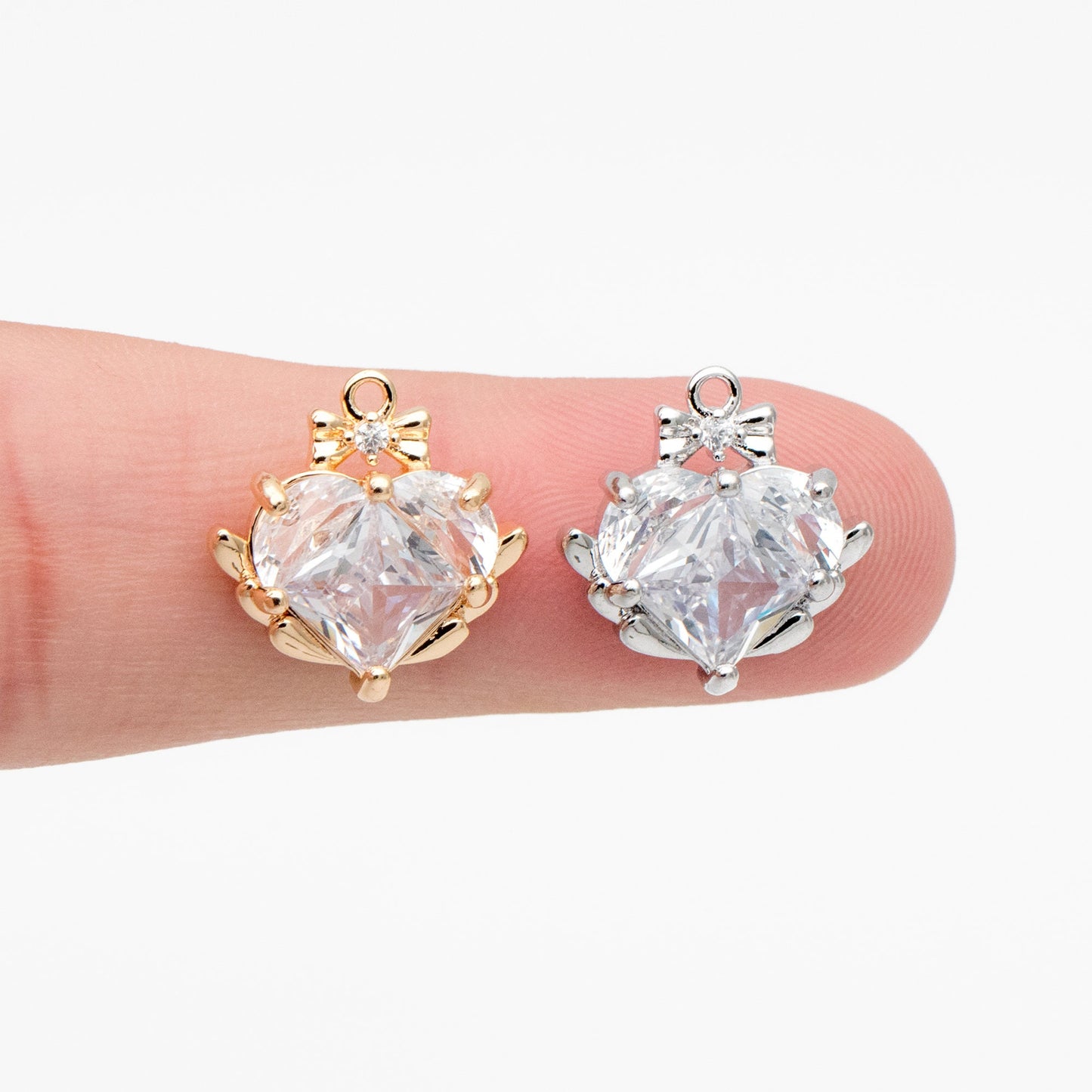 4pcs CZ Pave Gold/ Silver Heart Charms 14mm, 18K Real Gold/ Rhodium plated Brass, Dainty Earring Pendants (GB-2782-N)