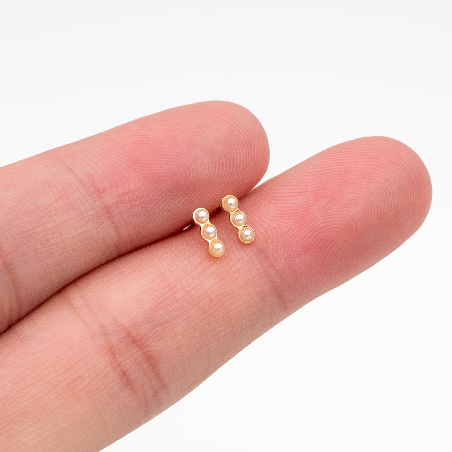 10pcs Faux Pearl Pave Gold Bar Earrings, Real Gold plated Brass Minimalist Stud Earrings (GB-4059)