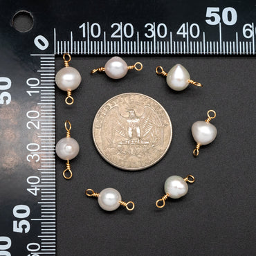 10pcs Natural Freshwater Pearl Connectors, Genuine Pearl Charm Pendants, 8-9mm Thick, Gold Wired Pearl Supply (PL-77)