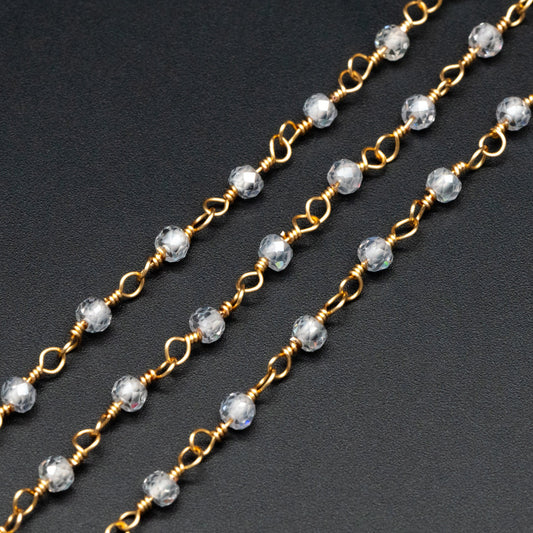 Gemstone CZ Beaded Chain, Cubic Zirconia Chains, 2.5mm Chain with 3mm Quartz Beads (#LK-603)/ 1 Meter=3.3ft