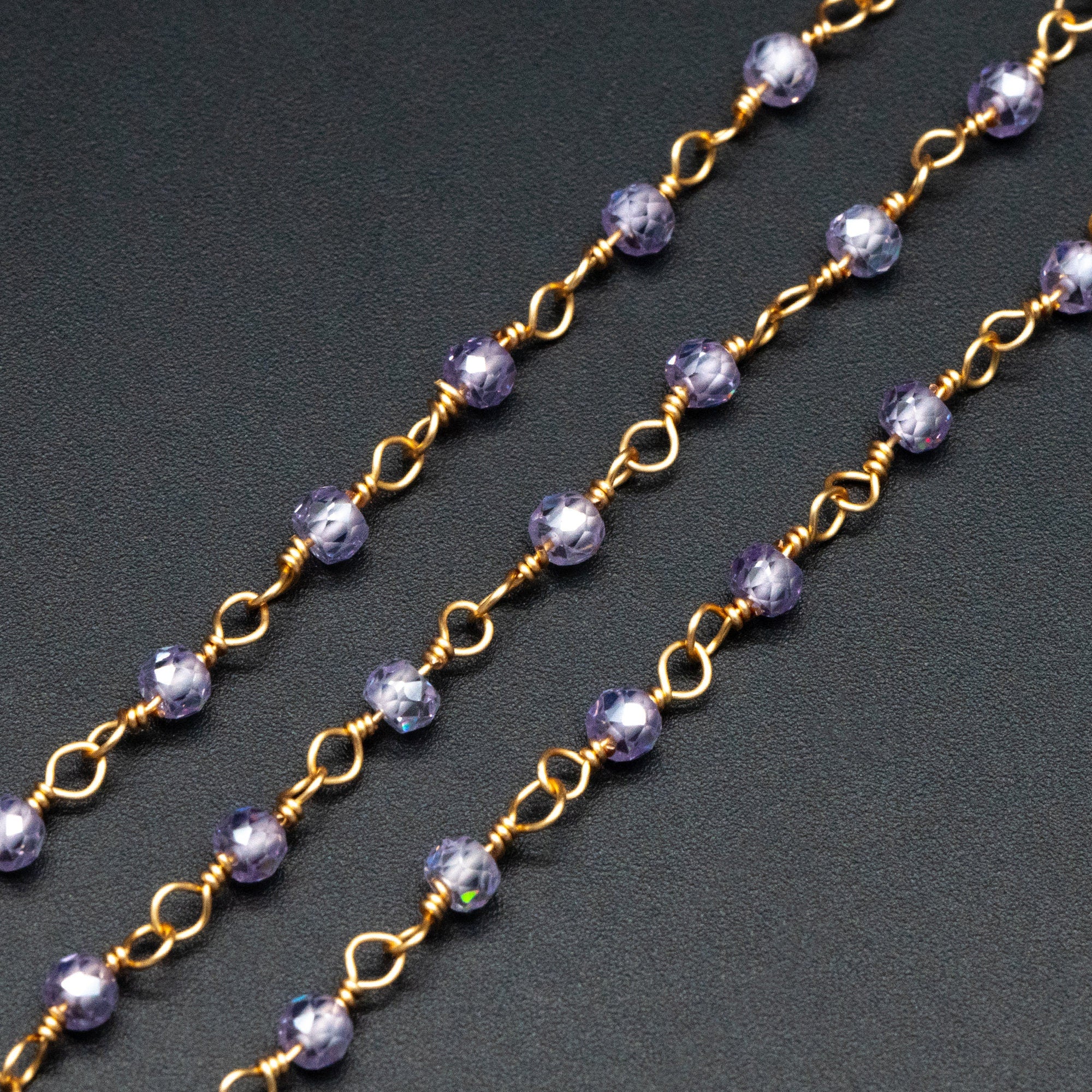 Gemstone CZ Beaded Chain, Cubic Zirconia Chains, 2.5mm Chain with 3mm Quartz Beads (#LK-603)/ 1 Meter=3.3ft
