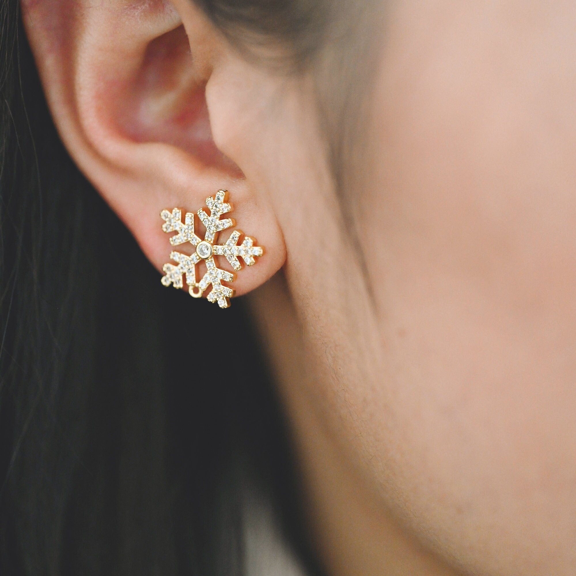 4pcs CZ Pave Gold Snowflake Ear Posts 15mm, Earring Findings, Jewelry Making, Diy Material, Jewelry Supplies (GB-1737)