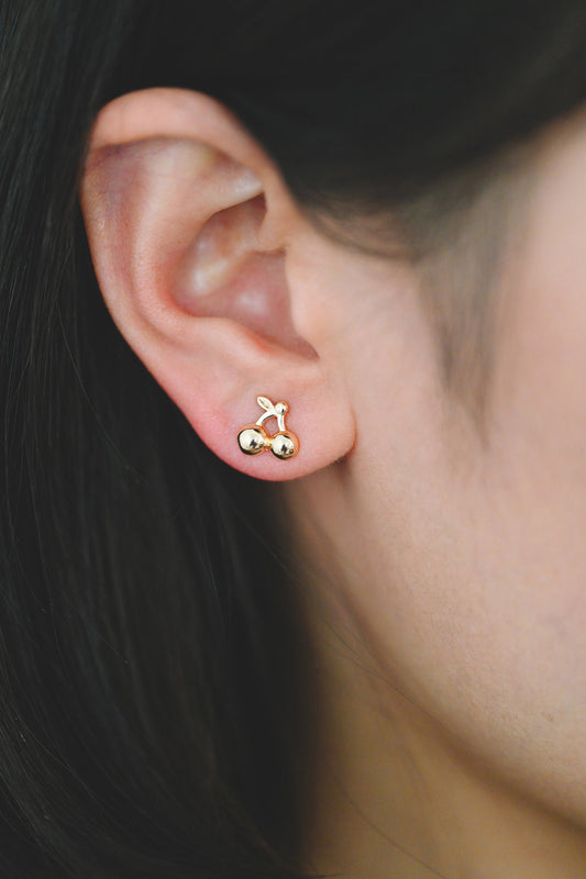 10pcs Gold Cherry Ear Posts 9mm, Real Gold Plated Brass Minimalist Stud Earrings (#GB-3495)