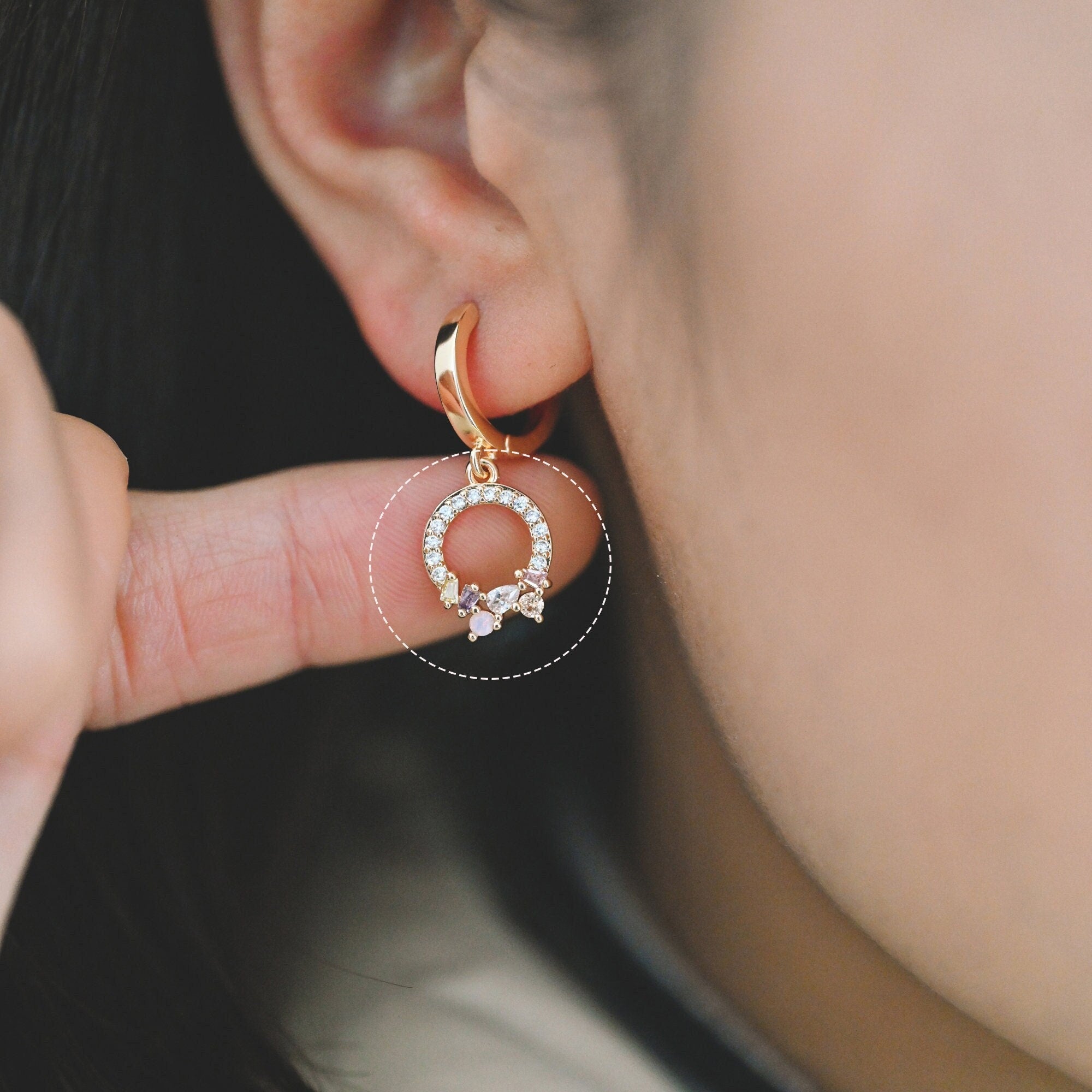 4pcs CZ Pave Gold Circle Charms 15x10.5mm, Real Gold plated Brass (GB-718-K)