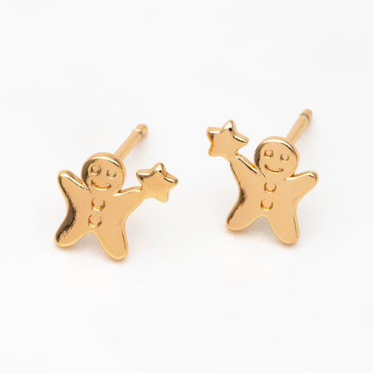 10pcs Gold Gingerbread Man Earrings 8x9mm, Gold plated Brass Christmas Stud Earrings (GB-4100)